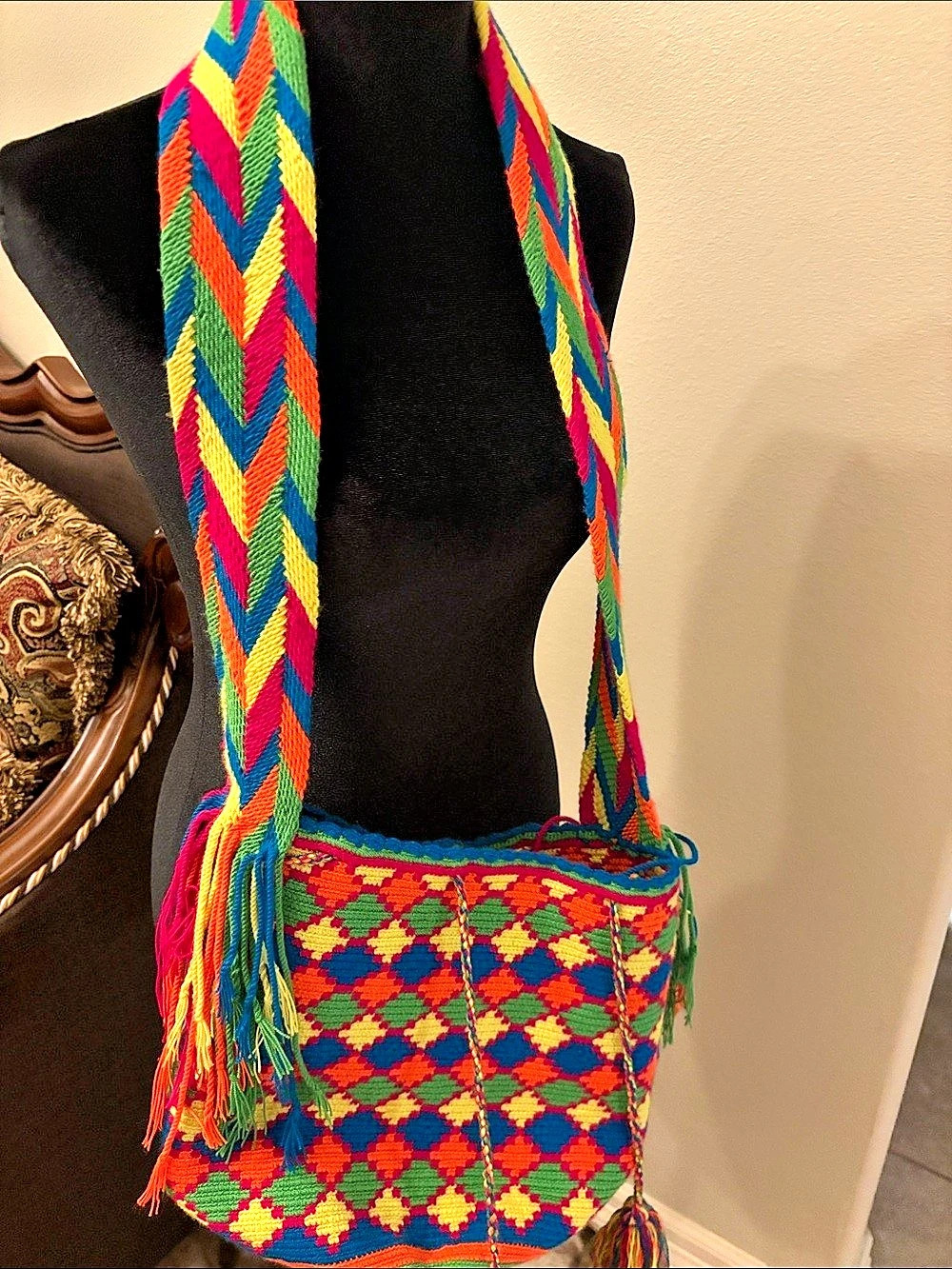 Multicolor & Green Woven Crossbody Bag